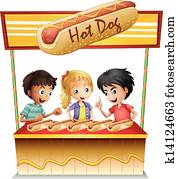 Three kids in a hotdog stand 