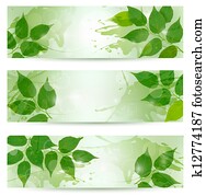 Three nature background with green spring leaves. Vector illustration. Three nature background with green spring leaves. Vector illustration.