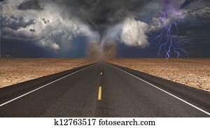 Tornado funnel in desert road landscape Tornado funnel in desert road landscape