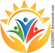 trabalho equipe, mãos, e, sol, logotipo