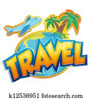 travel sign with palms and airplane on white background