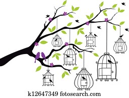 tree with open birdcages, vector tree with open birdcages, vector