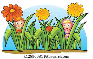 cartoon girl finding hidden flowers