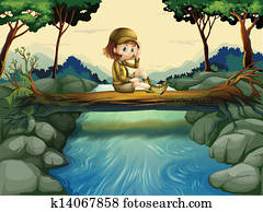 um, menina, sentando, em, a, madeira