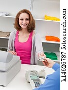 unge, kvindelig, kasserer, hos, indkassere register