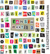 vector, losgeld, aantekening, #3-, snijden document, brieven, getallen, symbolen