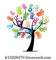 vector, árbol, con, colorido, impresiones de la mano