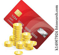 vektor, kunststoffkarte, und, geldmünzen