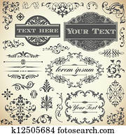 vendimia, ornamento, caligrafía, conjunto