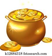 vetorial, st., Patrick`s, dia, ouro, pote, com, moedas