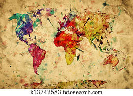 Vintage world map. Colorful paint, watercolor, retro style expression on grunge, old paper. Vintage world map. Colorful paint, watercolor, retro style expression on grunge, old paper.