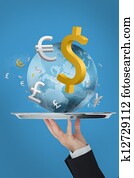Waiter presenting the world and currency