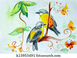 Watercolor drawing of birds on the flowers Watercolor drawing of birds on the flowers