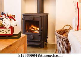 Weihnachten, kaminofen, herd, mit, kranz, und, strümpfe Stock Foto