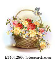 Wicker basket with roses. Victorian style. Wicker basket with roses. Victorian style.