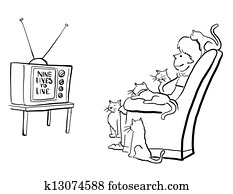 Woman and kittens watch soap opera together Woman and kittens watch soap opera together
