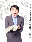 woman surprised face with falling money