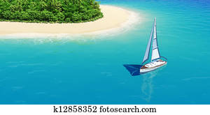 Yacht near tropical sand beach with palms. Yacht near tropical sand beach with palms.