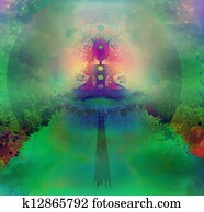 Yoga lotus pose. Padmasana with colored chakra points. Yoga lotus pose. Padmasana with colored chakra points.