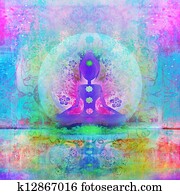 Yoga lotus pose. Padmasana with colored chakra points. Yoga lotus pose. Padmasana with colored chakra points.