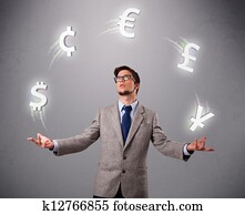 young man standing and juggling with currency icons young man standing and juggling with currency icons