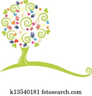árbol verde, manos, y, corazones, logotipo