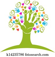 árvore, mãos, e, corações, figuras, logotipo