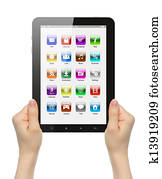 žena, hands, usadlosť, tablet pc, s, icons, on biely, background