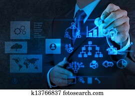 איש עסקים, העבר, לעבוד, עם, חדש, מודרני, מחשב, ו, אסטרטגיה של עסק, כפי, מושג