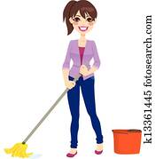 אישה, לנקות, רצפה