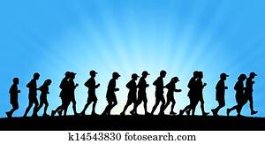 גדול, קבוצה של אנשים, לרוץ, ב, שמיים כחולים, רקע