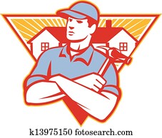 דוגמה, של, a, קבלן, עובד של בניה, עם, הבס, ידיים עברו, עם, דיר, ב, רקע, קבע, בתוך, משולש, עשה ב, ראטרו, style.