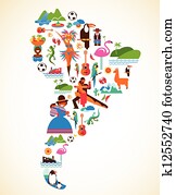 דרום אמריקה, אהוב, -, מושג, דוגמה, עם, וקטור, איקונים