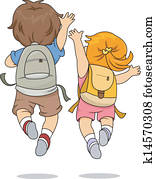 השקע בהשקפה, של, ילדים, ללבוש, a, ילקוט, לקפוץ