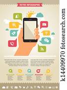 טלפון נייד, עם, איקונים, -, infographic, ו, אתר אינטרנט, רקע