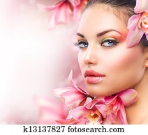 יפה, עם, סחלב, flowers., יופי, פנים של אישה