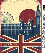 לונדון, landmark., בציר, רקע, עם, אנגליה, דגלל, ב, ישן, נייר, טקסטורה, ל, טקסט
