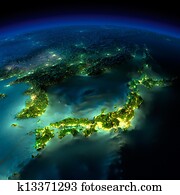 לילה, earth., a, חתיכה, של, אסיה, -, japan,, korea,, סין