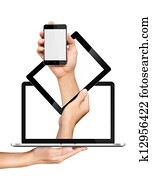 מושג, smartphone, קדור פי.סי, ו, מחשב נייד, ב, ידיים