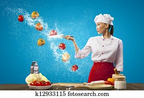 נקבה אסייתי, בשל, עם, סכין