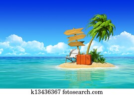 עזוב, אי טרופי, עם, דקל, tree,, צ'איס, lounge,, מזוודה, ו, שלושה, ריק, מעץ, signpost., מושג, ל, rest,, holidays,, resort,, travel.