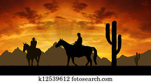 צללית, קאובויים, עם, סוסים