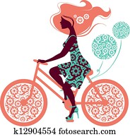 צללית, של, אישה יפה, ב, אופניים