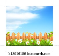 קפוץ, background,, דשא, ו, גדר מעץ, וקטור