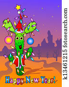 ראש שנה, כרטיס, עם, קקטוס