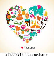 תאילנד, אהוב, -, לב, עם, תיילנדי, איקונים, ו, סמלים