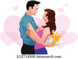 夫妇, 在中, love., 人, 给, a, 礼物, 对于, 妇女