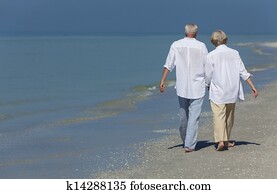 开心, 高级夫妇, 走, 扣留手, 热带的海滩