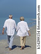 开心, 高级夫妇, 走, 扣留手, 热带的海滩