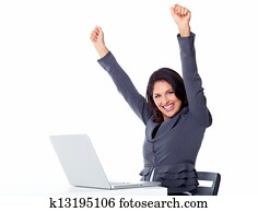 愉快, 女商人, 由于, 膝上型, computer.